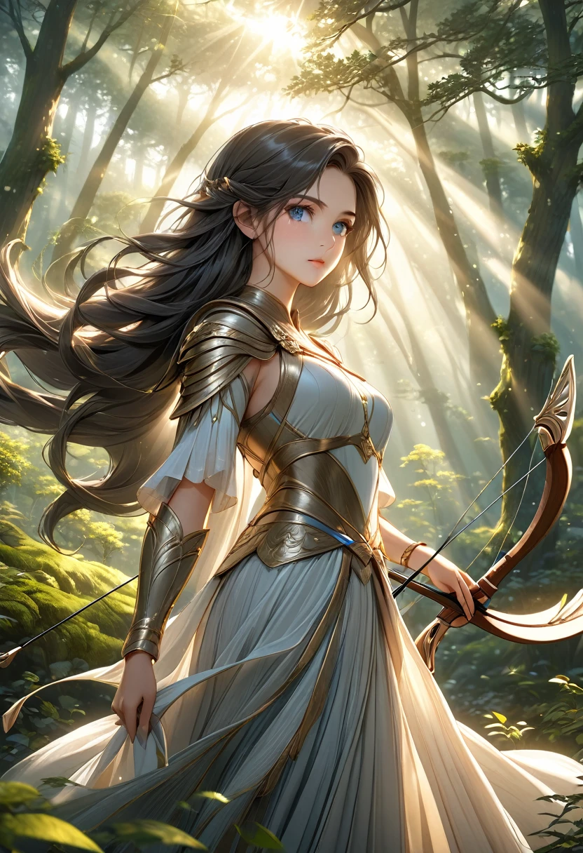 Beautiful female archer, holding a bow, Delicate face, beautiful eyes, Detailed facial features, Flowing long hair, Elegant Posture, Fantasy Landscape, Dense forest, Sunlight through the trees, Soft tones, Dramatic Lighting, Film composition, number, Extremely detailed, (best quality,4K,8K,high resolution,masterpiece:1.2),Extremely detailed,(Practical,photoPractical,photo-Practical:1.37)