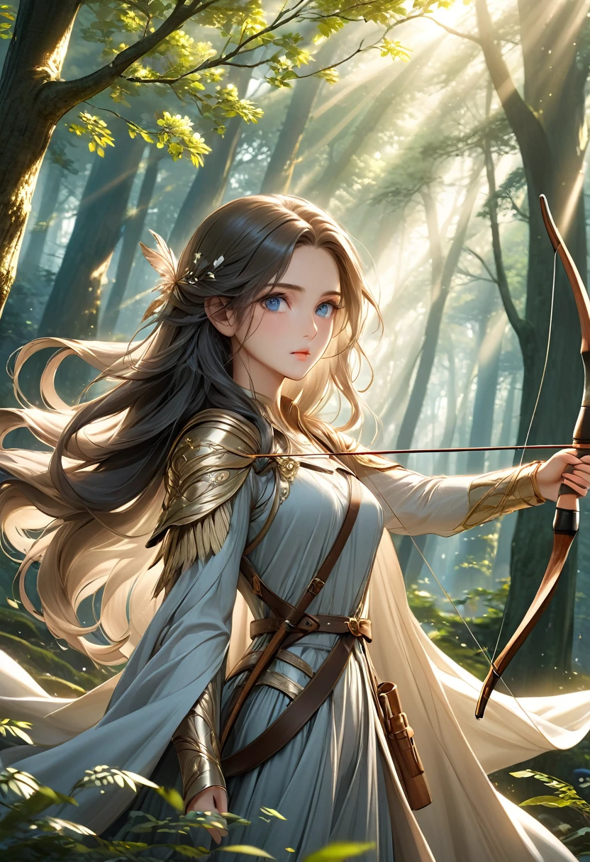 Beautiful female archer, holding a bow, Delicate face, beautiful eyes, Detailed facial features, Flowing long hair, Elegant Posture, Fantasy Landscape, Dense forest, Sunlight through the trees, Soft tones, Dramatic Lighting, Film composition, number, Extremely detailed, (best quality,4K,8K,high resolution,masterpiece:1.2),Extremely detailed,(Practical,photoPractical,photo-Practical:1.37)