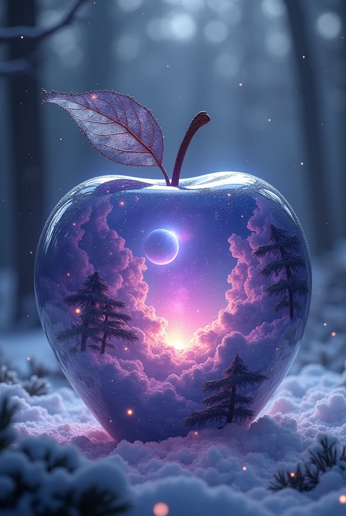 epic crystal apple with space glowing inside, planets, satellites, winter forest, clouds, planets, purple, white haze. hyper-detailed glass, soft light, glitter, professional photo, beautiful, 3d, realistic, 8k, hyperrealism. highly detailed digital painting, high resolution, high detail, mystical, backlit, fantasy, dark atmosphere, photorealistic painting, gothic art, realistic, close up, noir, dark colors, 8k, aesthetic