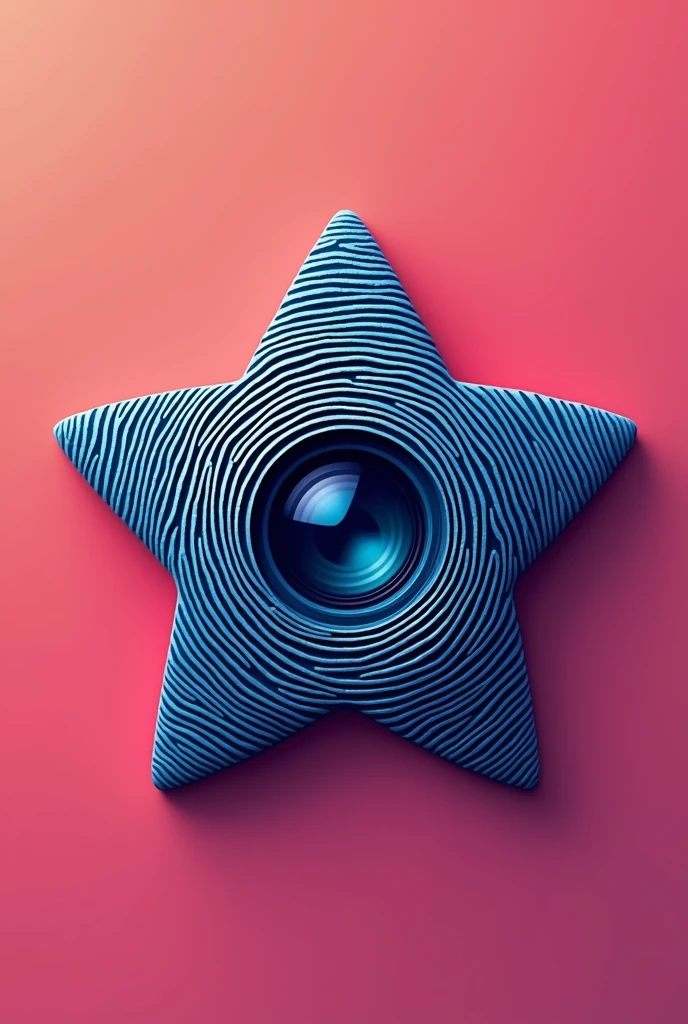 5-pointed star logo in color of a thick fingerprint, in the center a medium camera lens , and 2d