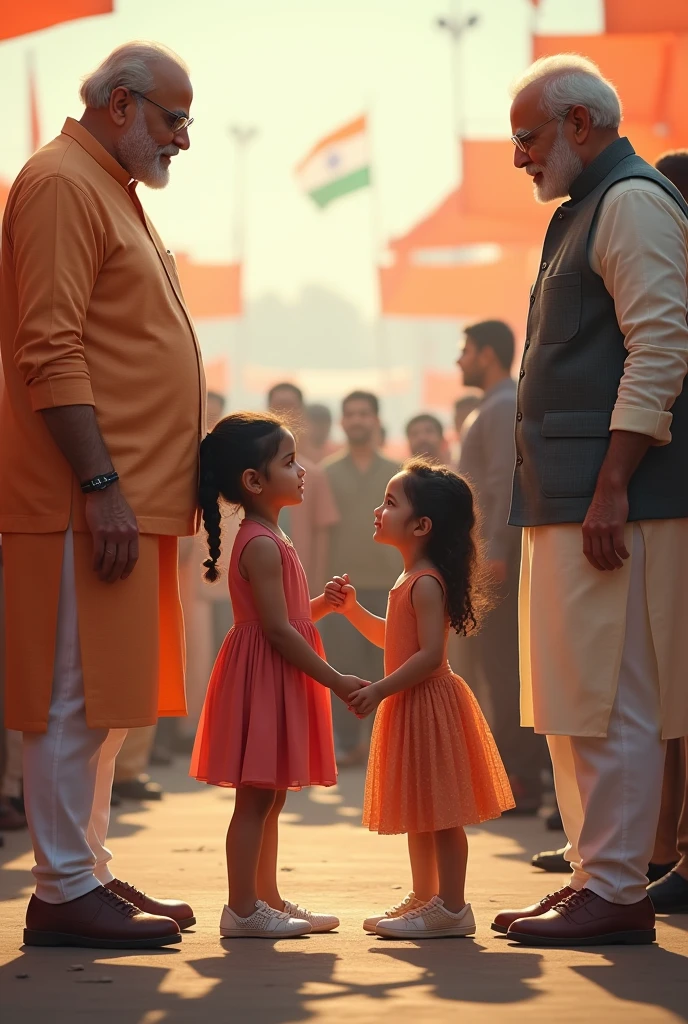 Boy and girl
holding hand of modi and Yogi in public