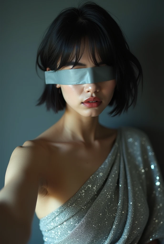 Aesthetic short hair girl blindfolded duct tape gagged in silver sparkling shimmering saree taking selfie tape gagged