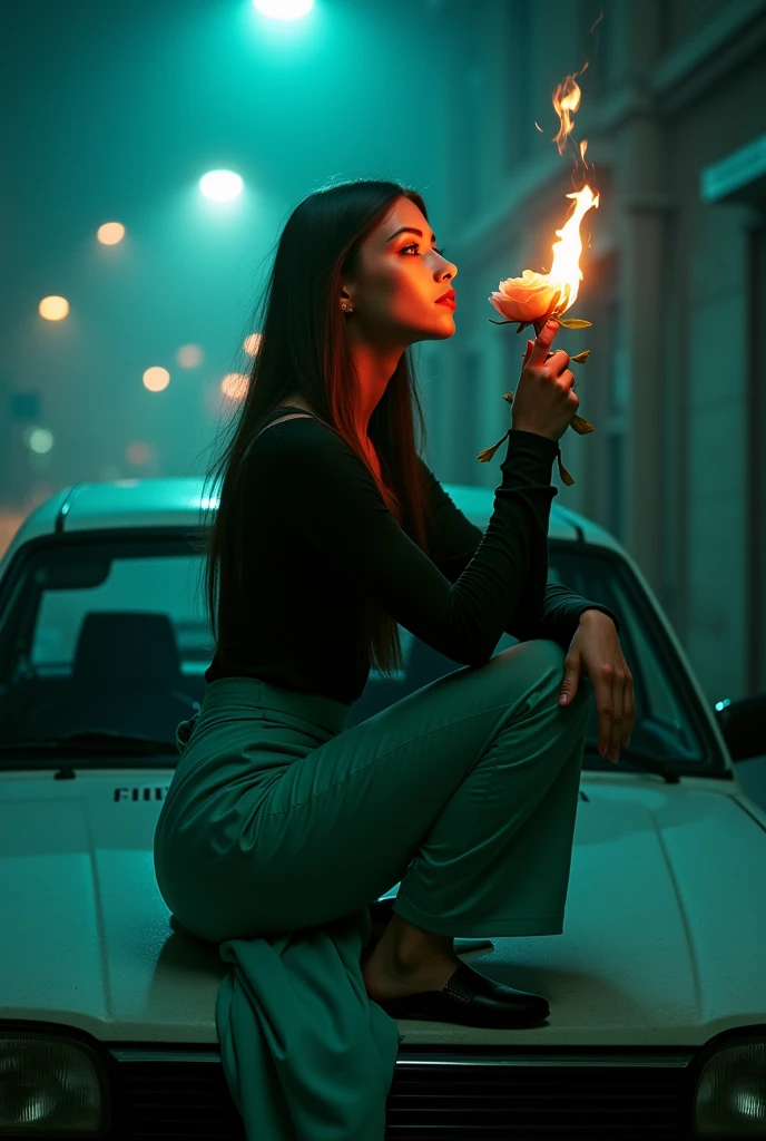 A men wearing sea green dress pent and black shirt posing on car bonnet holding a fire on rose with two fingers and seeing the flower 