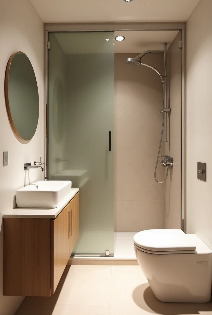 Small bathroom with sliding door. Left hand wash basin with round mirror.
On the right side the toilet facing the sink At the back, after the toilet and the sink, a shower taking up the entire wall