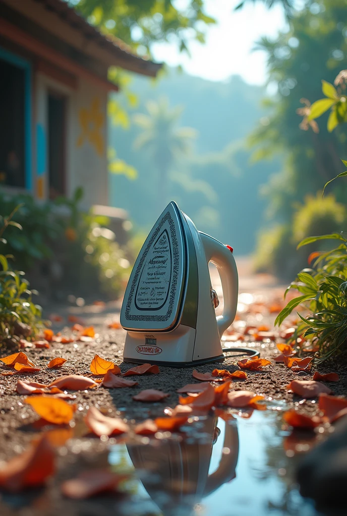the Transcendent Multiverse, bokeh, Scenario, resplendent location design,bright sunny, an iron, Seychelles rural village, limited colour palette