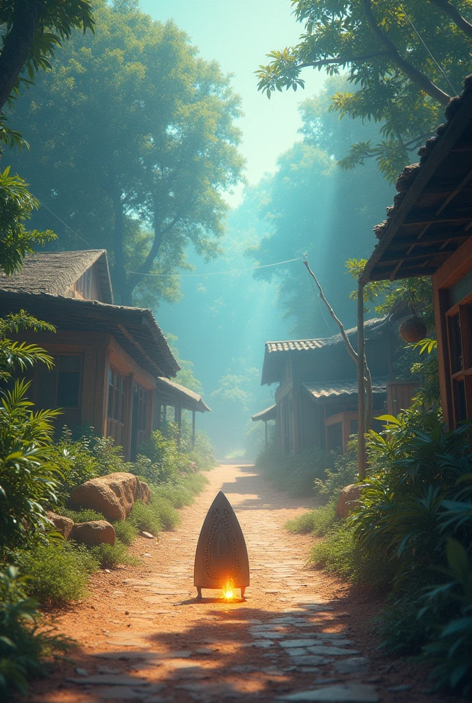 the Transcendent Multiverse, bokeh, Scenario, resplendent location design,bright sunny, an iron, Seychelles rural village, limited colour palette