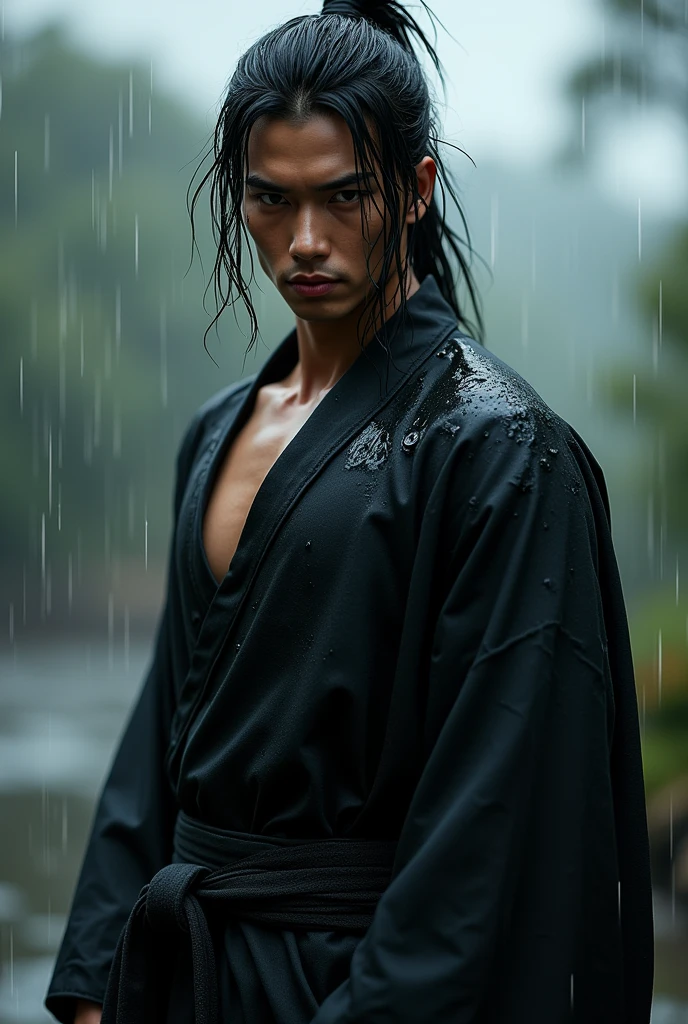 Ninja、Black kimono、good looking、Long hair untied、Holding a Japanese sword、Muscular、soaked、rain、Japanese、whole body、sexy、Shinsengumi、inflammation