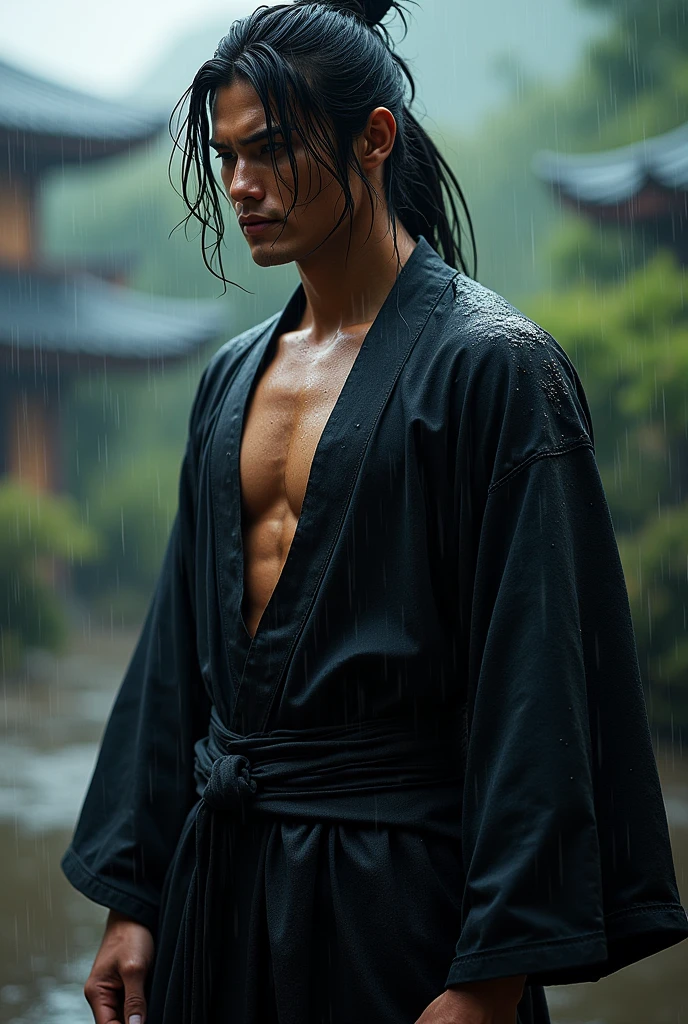 Ninja、Black kimono、good looking、Long hair untied、Holding a Japanese sword、Muscular、soaked、rain、Japanese、whole body、sexy、Shinsengumi、inflammation