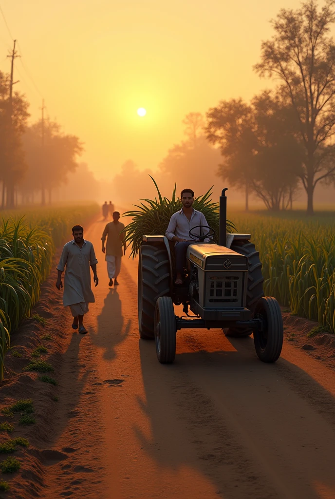 (photorealism:1.2), real photo of village in Faisalabad with sun rising in morning at 6AM and people are moving on the soil road.the farm is full of sugarcane crops and a tracktor is moving carrying sugarcane