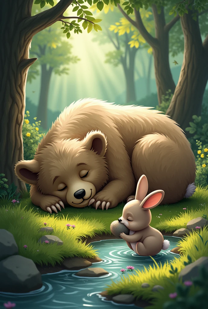 A bear sleeping and a rabbit wakes him up with a rock on his head
