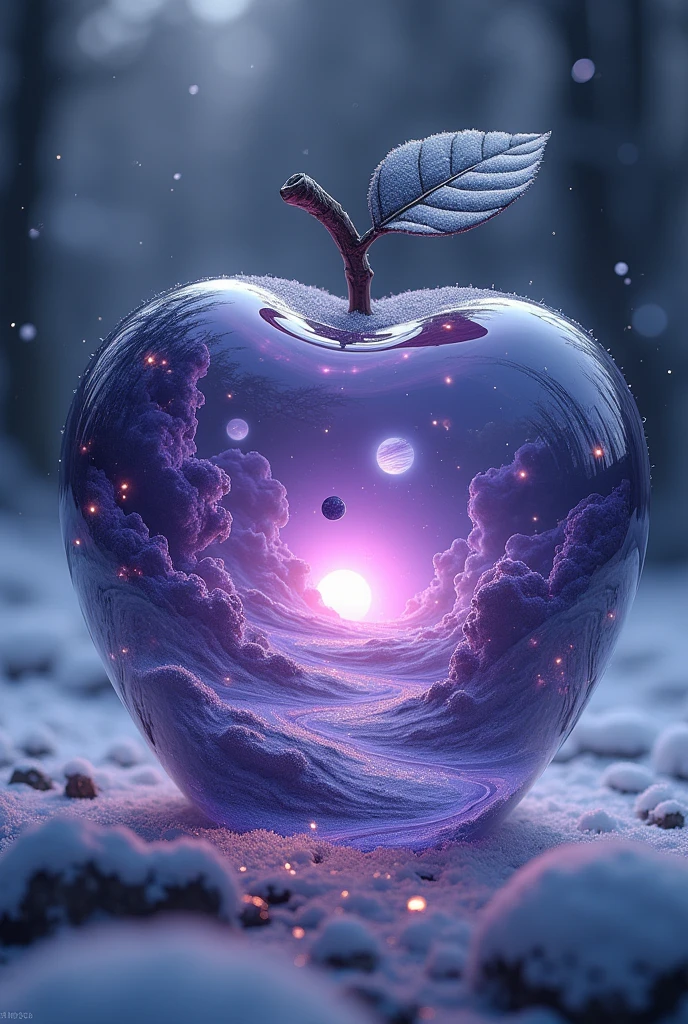 epic crystal apple with space glowing inside, planets, satellites, winter forest, clouds, planets, purple, white haze. hyper-detailed glass, soft light, glitter, professional photo, beautiful, 3d, realistic, 8k, hyperrealism. highly detailed digital painting, high resolution, high detail, mystical, backlit, fantasy, dark atmosphere, photorealistic painting, gothic art, realistic, close up, noir, dark colors, 8k, aesthetic