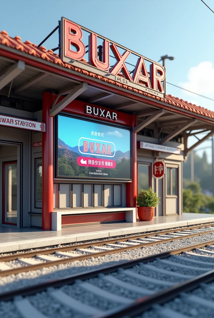 "Design a 3D model of a beautiful railway station named 'Buxar,' with the station's name prominently displayed on both a large TV screen and a traditional board. The architecture should feature a blend of modern and classic styles, with clean lines, detailed structures, and a well-maintained platform. The TV screen should be large and clearly display 'Buxar,' while the board complements it with a bold and clear font. The scene is set in daylight, highlighting the station's vibrant atmosphere and the surrounding tracks."
