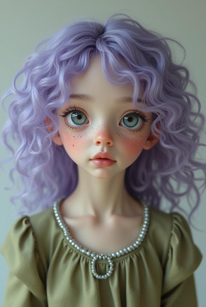 Eleven, violet curly hair, light blue eyes, skin fair, slightly silvery, pink mouth, freckled cheeks. Olive green clothes with silver details