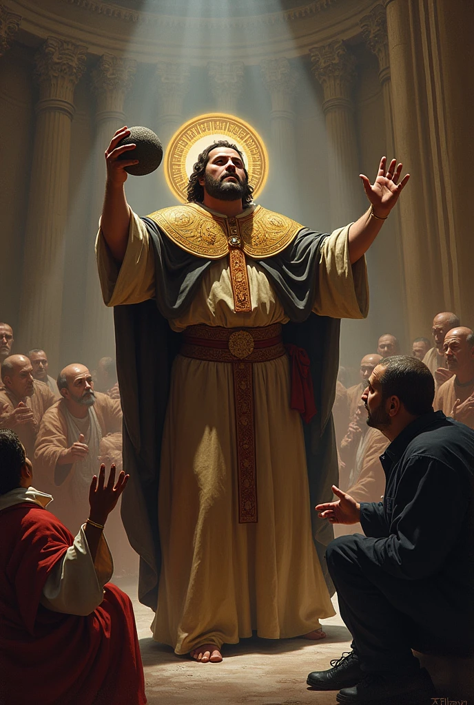 Create an image of Saint Hyacinth throwing his iconic stone at the filibuster