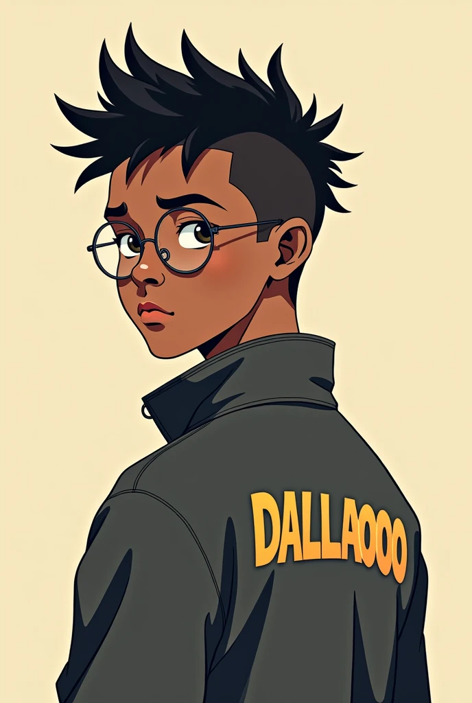 Create an anime drawing with buzz cut hair wearing circle style glasses with a coat that says DALLA0000 on the back in capital letters, ain't got a lot of hair, the young man has black skin 