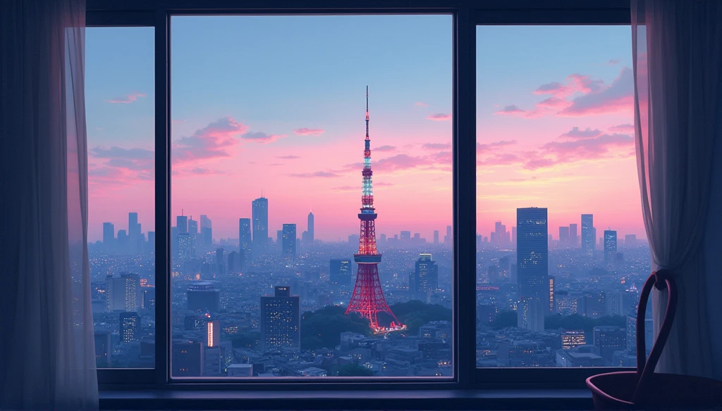 Lo-Fi、city view outside the window、evening、pastel colour、Painting、Tokyo Tower