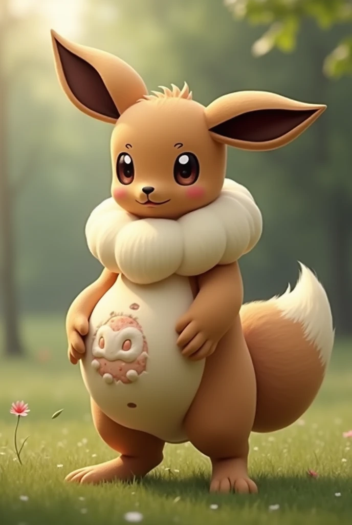 An anthropomorphic pregnant eevee with a huge round belly where the babies kick very visibly