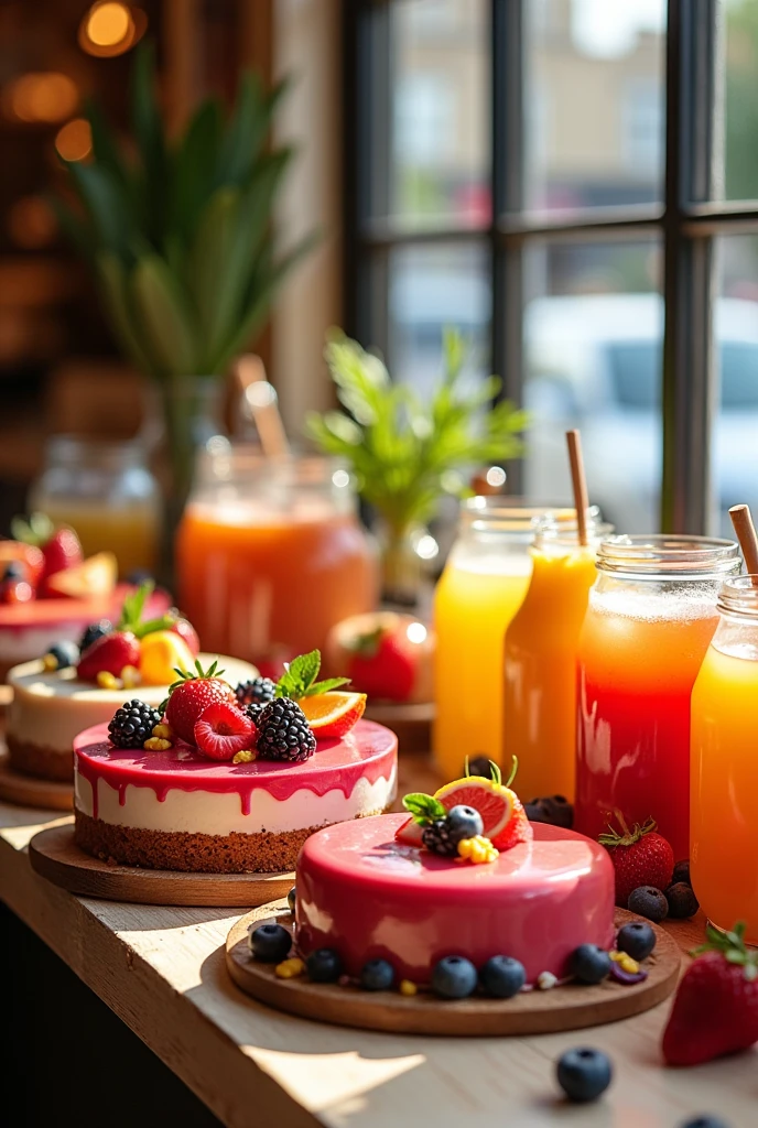 Create an image related to cakes and natural juices for a company that is eye-catching and makes you want to go buy from that store
