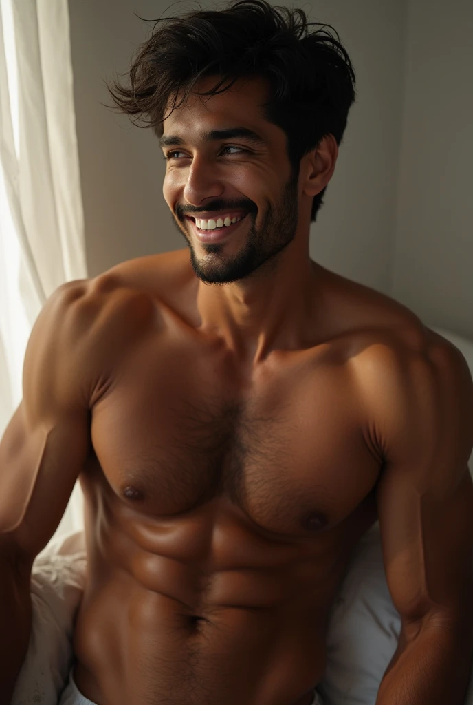 A handsome horny Indian europian naked nude man with a big penis , perfect hairy chest and perky nipple with sensual sexual grin 