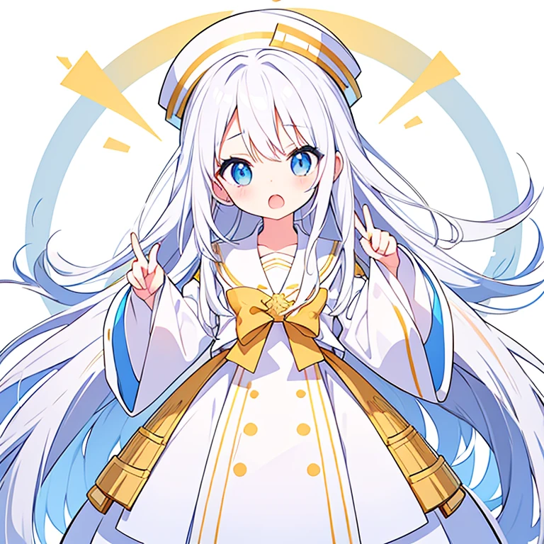 Mouth open、There is a gap on the top of the hat、Pure white background、Standing still、Hands at sides、White hat with gold decoration、Long white hair、Sailor'White uniform