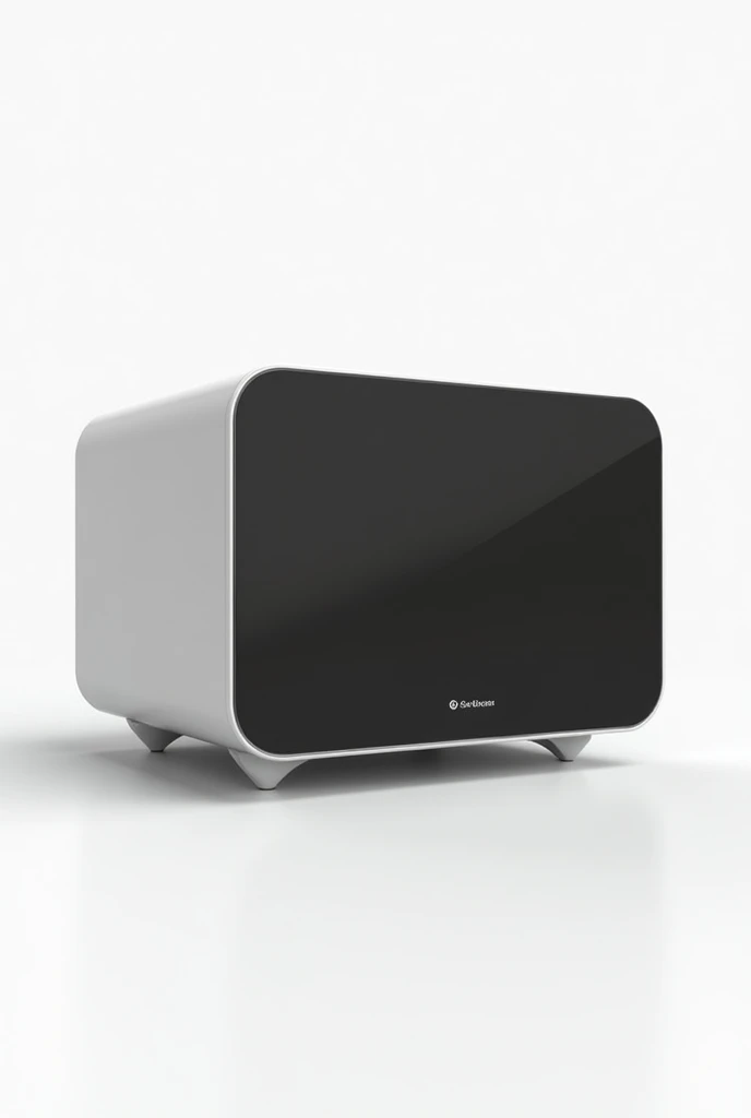 On a White background put
A compact and sophisticated design portable microwave. With dimensions of 27 cm wide, 18 cm deep and 15 cm high.
This microwave does NOT have a door handle. Non-slip rubber feet on the base.
It has a DIGITAL SCANNER.
With a small tempered glass display, allows the user to see the content without having to open the device.