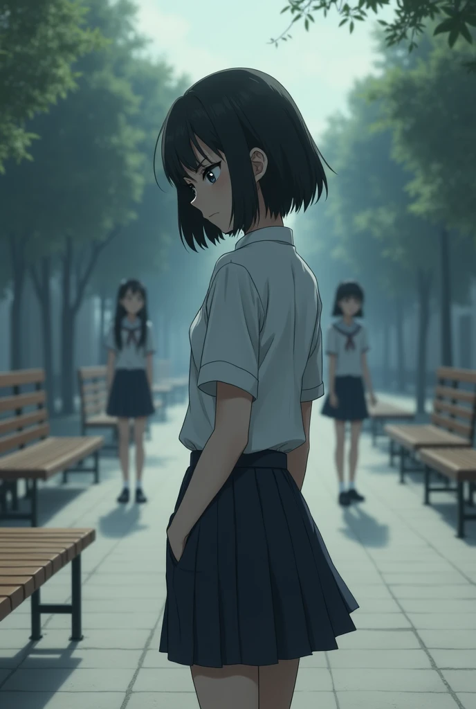 Sad black short hair teen girl in school uniform walking away from her friends.in the background a schoolyard