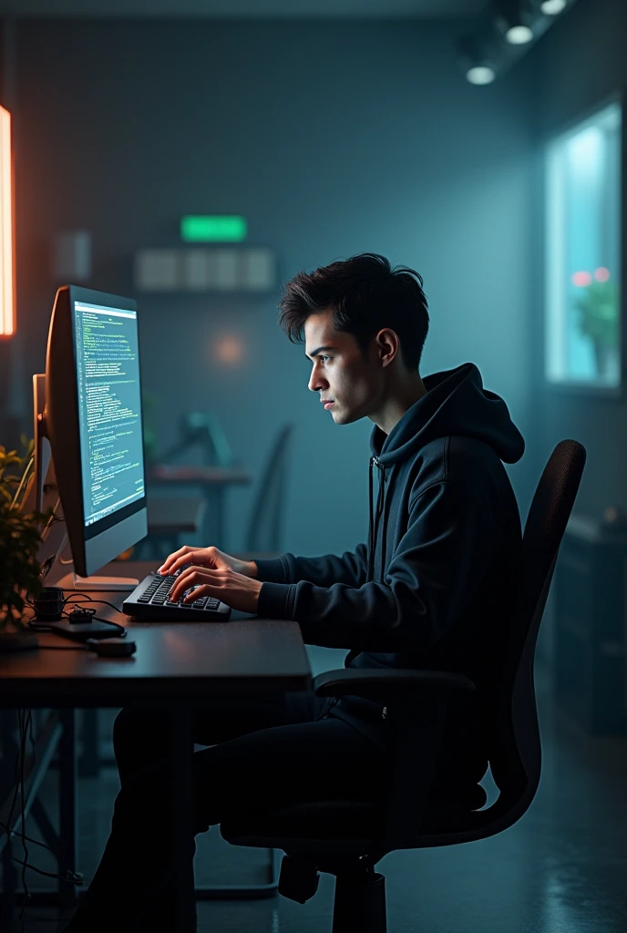 create a 3d realastic image where a young man hacker sitting on chair while working