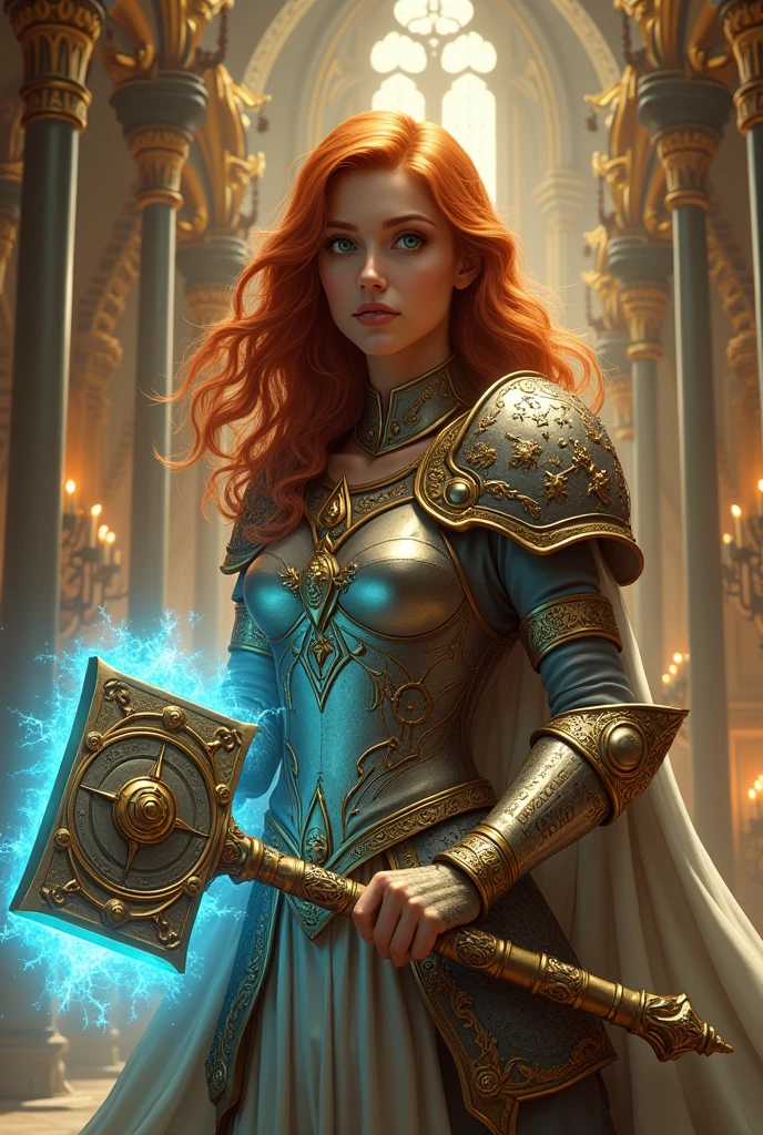 The image depicts an imposing woman in a setting reminiscent of a cathedral or grand royal hall., with luxurious gothic architecture. The central character has a serene expression, kind and jovial, looking like he&#39;s 20 years old, with bright green eyes and wavy orange-red hair that falls over her shoulders. She wears ornate armor, rich in gold and silver details, that covers your torso and shoulders, giving her the appearance of a noble warrior. The armor has intricate carvings, with arabesque patterns and symbols that suggest a mystical or religious meaning. On the woman&#39;s shoulders, there is a white fur cape, adding a touch of majesty to your look. She holds, with both hands, a huge war hammer, whose head is meticulously decorated with bright inscriptions and symbols, suggesting that it is a magical or sacred weapon. The hammer emits a blue glow, as if imbued with energy. Ao fundo, the room is filled with hanging chandeliers, full of lit candles, that gently illuminate the space with a warm, golden light. The columns and arches of the structure are richly decorated, with gold details that capture and reflect light, contributing to the solemn and powerful atmosphere of the scene.