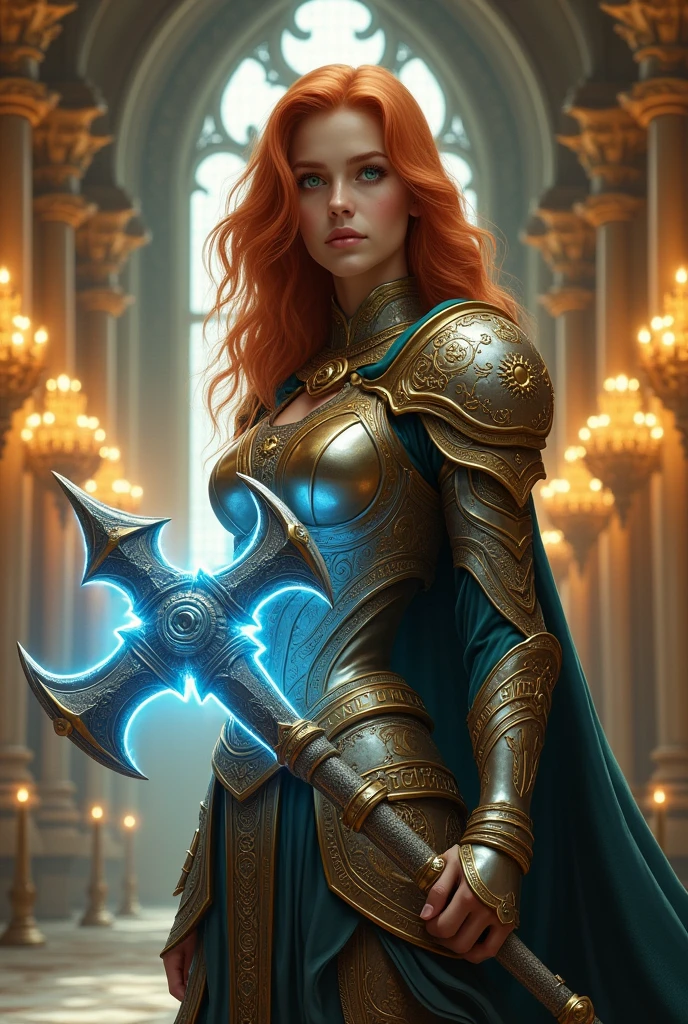 The image depicts an imposing woman in a setting reminiscent of a cathedral or grand royal hall., with luxurious gothic architecture. The central character has a serene expression, kind and jovial, looking like he&#39;s 20 years old, with bright green eyes and wavy orange-red hair that falls over her shoulders. She wears ornate armor, rich in gold and silver details, that covers your torso and shoulders, giving her the appearance of a noble warrior. The armor has intricate carvings, with arabesque patterns and symbols that suggest a mystical or religious meaning. On the woman&#39;s shoulders, there is a white fur cape, adding a touch of majesty to your look. She holds, with both hands, a huge war hammer, whose head is meticulously decorated with bright inscriptions and symbols, suggesting that it is a magical or sacred weapon. The hammer emits a blue glow, as if imbued with energy. Ao fundo, the room is filled with hanging chandeliers, full of lit candles, that gently illuminate the space with a warm, golden light. The columns and arches of the structure are richly decorated, with gold details that capture and reflect light, contributing to the solemn and powerful atmosphere of the scene.