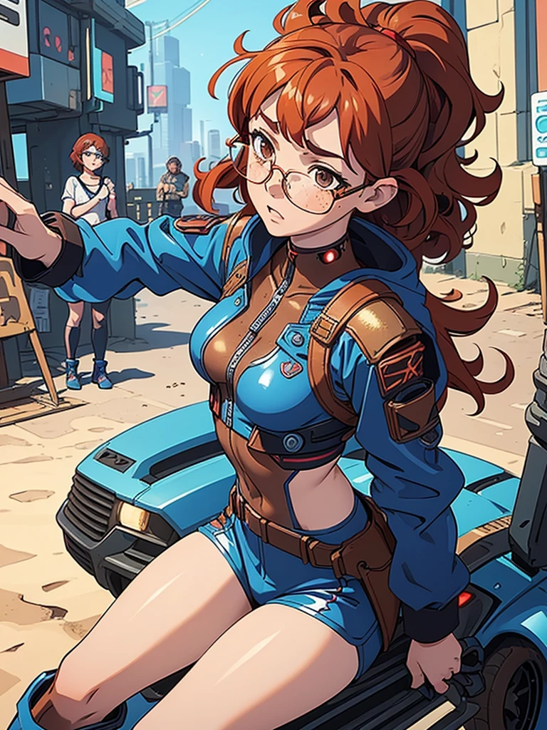 (masterpiece), (best quality),(1 girl), adult, red copper hair,(brown eyes),curly hair,(short curly hair), anime style, freckles, (small breasts),(petite figure), (blue outfit),(cyberpunk clothes)),(battle outfit),legs, desert background, (gold glasses)