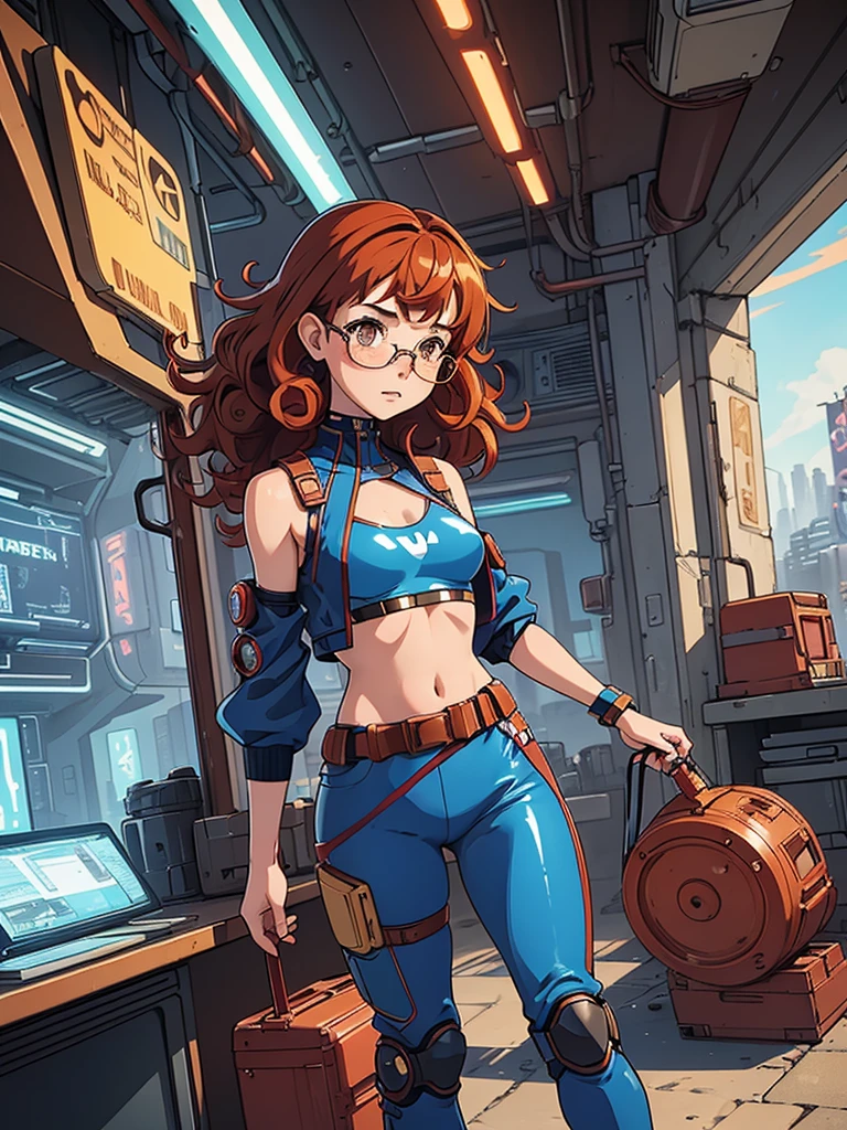 (masterpiece), (best quality),(1 girl), adult, red copper hair,(brown eyes),curly hair,(short curly hair), anime style, freckles, (small breasts),(petite figure), (blue outfit),(cyberpunk clothes)),(battle outfit),legs, desert background, (gold glasses)
