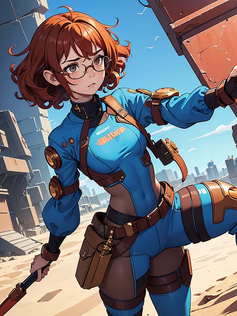 (masterpiece), (best quality),(1 girl), adult, red copper hair,(brown eyes),curly hair,(short curly hair), anime style, freckles, (small breasts),(petite figure), (blue outfit),(cyberpunk clothes)),(battle outfit),legs, desert background, (gold glasses)
