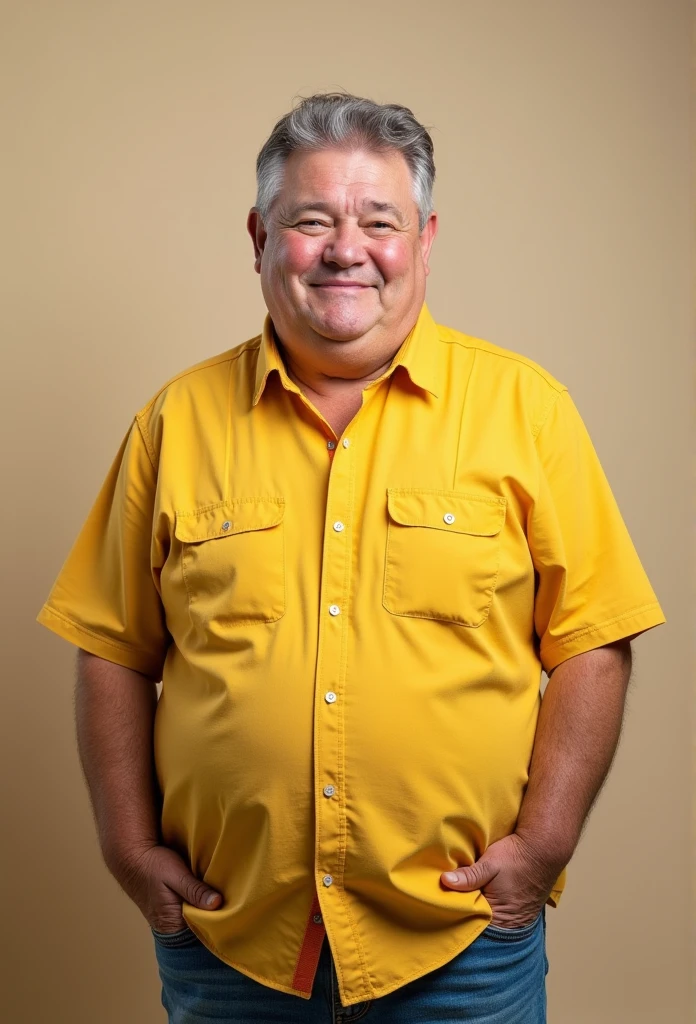 white male, meio gordinho, gray hair, shirt Yellow, jeans