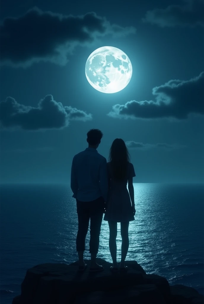 A couple stands with their backs to the moon and the sea at night See them from a distance