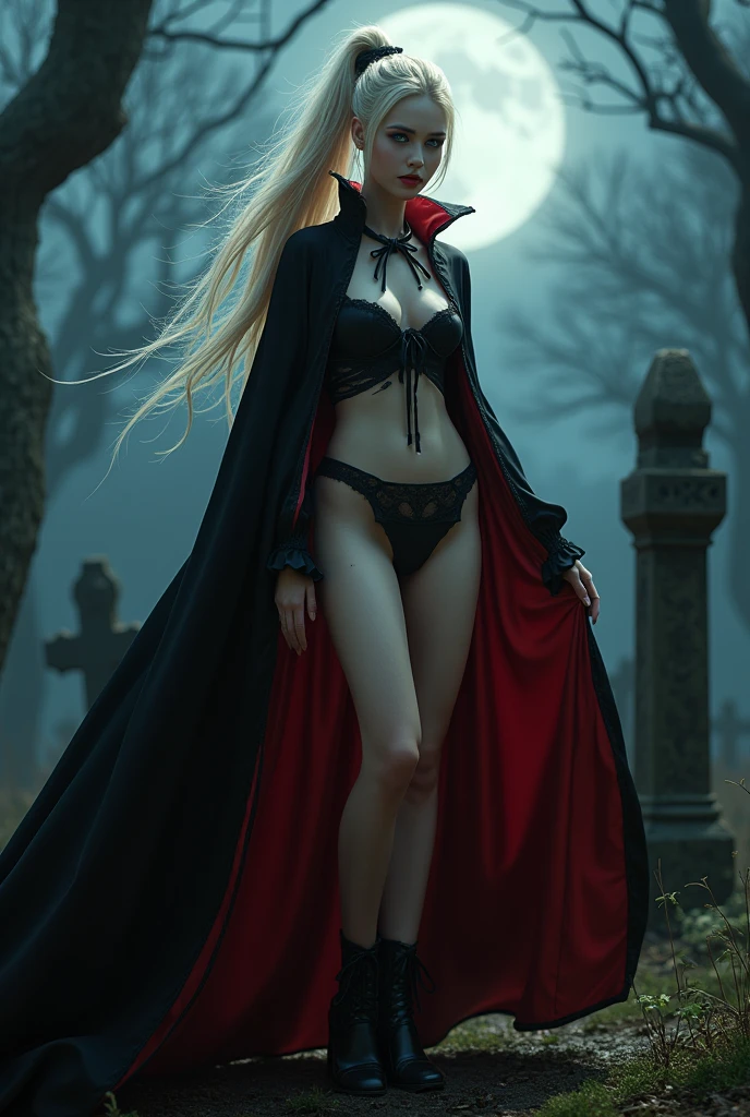 (RAW photo, best quality, masterpiece, ultra-detailed, high res), (realistic),(extremely
delicate and beautiful:1), mesmerizing vampire woman with long blonde hair in high
ponytail detailed features, smiling , piercing blue eyes , showing vampire fangs , (((wearing floor
length black and red lined satin cape tied at the neck with ribbon ties))) , lingerie , standing
in a moonlight graveyard , imaginative, highly detailed, extremely high-resolution details,
photographic, realism pushed to extreme, fine texture, 8k, ultra-detailed, high quality, high
contrast, full body shot