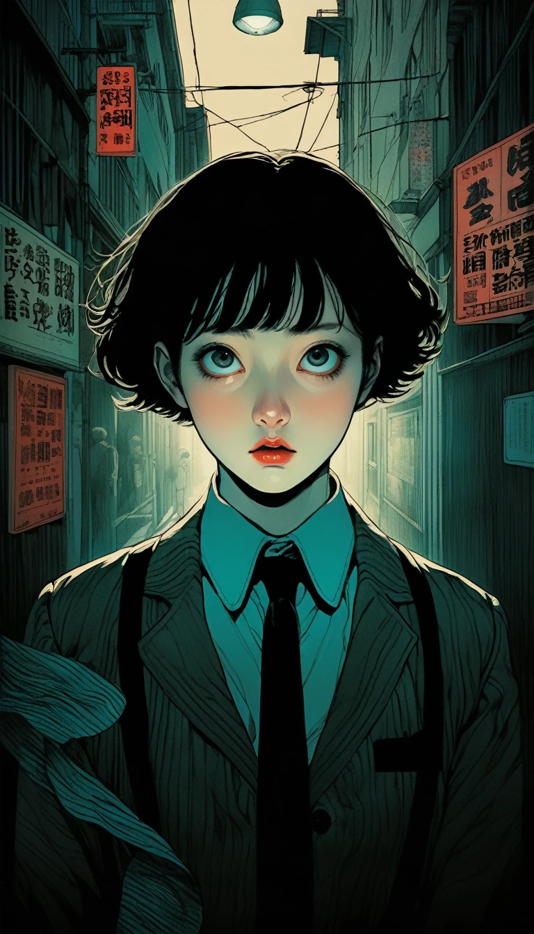 An illustration、art、Supervised by Junji Ito、Overaction、Overreaction、Pretending to be scared、Attention to detail, Realistic shadows、Analog Style, chromatic aberration, Surrealism、Detective costume