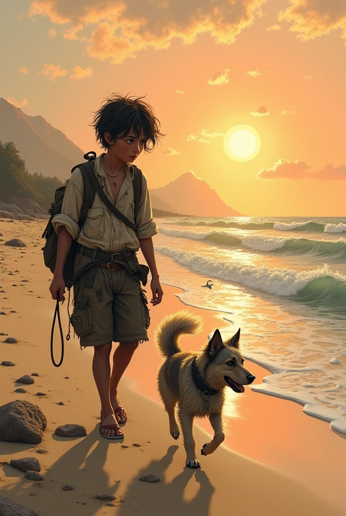 A ragamuffin accompanied by a dog on the beach