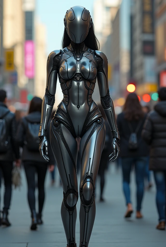 Female cyborg walking down the street in a crowd of people in the big city, defile show, high quality, best quality, absurdres, masterpiece, beautiful, intricate details, 1/2 body crop, slim body, beautiful figure, magnificent anatomy, (intricate details:1.12), HDR, (intricate details, hyper-detailing:1.15), (natural skin textures, hyper realisitc, soft light, Sharp:1.2)