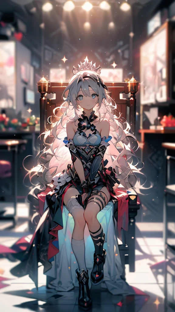 ((full body)),1 person, alone, whole body, (Highest quality,8k,High resolution,masterpiece:1.2),Very detailed,(anime), Lord of the End, Kiana \ (Serious Impact 3)very long white hair, blue eyes, alone, Very detailed顔の特徴, Fine and beautiful eyes, cute, Sitting on the throne，Looking at the audience, Shooting from above, Fantasy Landscape, Bright colors, loose fitting dress, Rich details, Rich environment, Golden Ratio