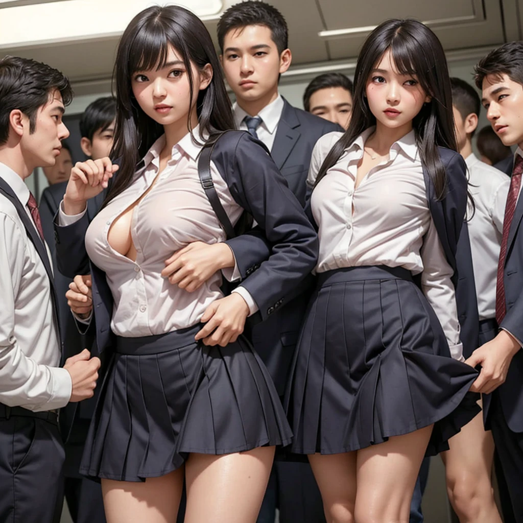 Beautiful innocent high school girl surrounded by excited high school boys, A beautiful girl with a baby face like an idol, Being molested on the train, Touched on the buttocks from behind、Skirt pulled up, Sexy panties exposed, The victim looks down and averts her eyes out of shame at being seen committing a sexual assault in public., Anatomically correct, Staring at the audience, Beautiful wavy black medium bob hair, blush, Body flushed red, Wet with sweat, Increased sensitivity, Tears overflow from your beautiful eyes, Ultra high definition, Slender body, Can be smelled from close range, Japanese, Cowboy Shot