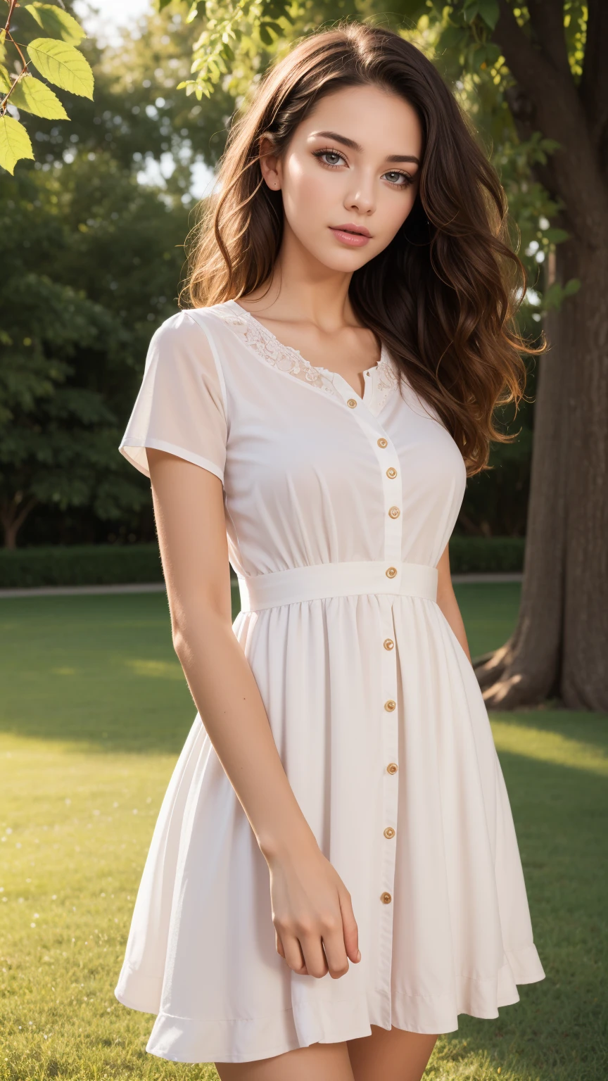 best quality, masterpiece, 4k, uncensored, prefect lighting, rating_explicit, very aesthetic, 1girl, solo, curly hair, messy hair, long hair, looking at viewer, brown hair, black hair, dress, holding, upper body, flower, short sleeves, outdoors, white dress, lips, rose, leaf, pink flower, realistic, basket, Detailed, unique, trendy, professional