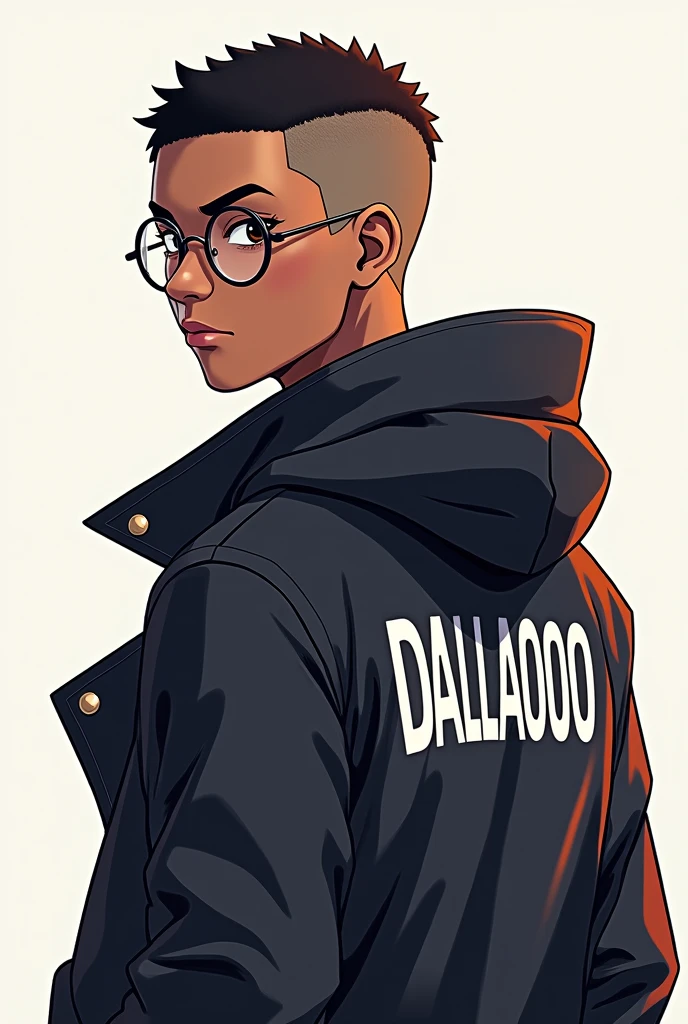 Create an anime drawing with shaved hair wearing circle glasses with a coat that says DALLA0000 on the back in capital letters, ain't got a lot of hair, the young man has black skin