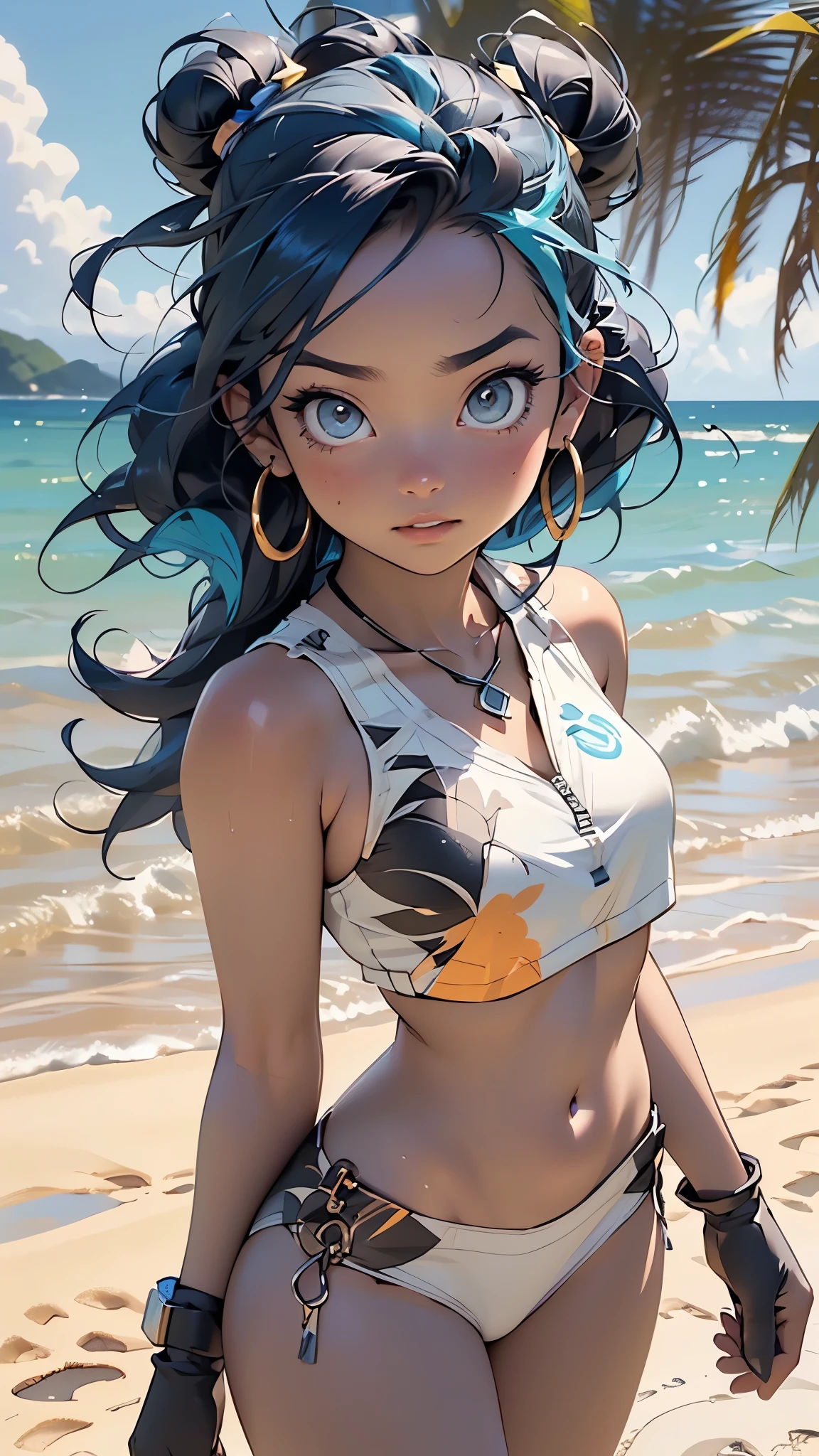 (((Nessa))),(Nessa pokemon),(nessa \(pokemon\)),character_pokemon_nessa,1girl,

(large breasts:1.4),((((single hair bun, (multicolored hair,two-tone hair,blue hair, black hair),very long hair)))),(((blue_eyes:1.3))),intricate eyes,beautiful detailed eyes,symmetrical eyes,big eyes:1.5,((((dark skin,dark-skinned female,black woman, (dark skin woman),lustrous skin:1.5,tanned skin,bright skin: 1.5,skin tanned,shiny skin,very shiny skin,shiny body,Reflective skin)))),(spider lower abdomen,narrow waist,slim waist, wide hip,athletic body,inflated legs,thick thighs,delicate detailed fingers,(detailed face)),beautiful detailed lips, 

cute,slutty,sensual,seductive look,seductive,((erotic)),opulent,sumptuous,((nsfw)),wet, , 

((bath bikini,crop top, bare shoulders,tankini, blue neoprene tankini with white and yellow details,tankini with wave design on the chest and a zipper on the front)), (jewelry,necklace, earrings, hoop earrings,belly chain),(navel),(fingerless gloves),

(shy pose:1.3),looking at viewer,embarrassed,shy,centered,scale to fit dimensions,Rule of thirds,

outdoors, ocean, (ocean in the background),((Sky, Sea, clouds,)), with dark stormy clouds,((beach scenery,intricate scenery)), scenery, extremely scenery, clouds, palm trees, reeds, (sunset, golden hour),

(Glossy pokemon ornaments),highres,sharp focus,(ultra detailed,extremely detailed),(photorealistic artwork:1.37),(extremely detailed CG unity 8k wallpaper),(((vibrant colors,vibrant theme))),(intricate),(masterpiece),(best quality),artistic photography,(photography taken by sldr),(intricate background),perfect rendered face,perfect face details,realistic face,photo realistic,((intricate detail)),(((realism))),
