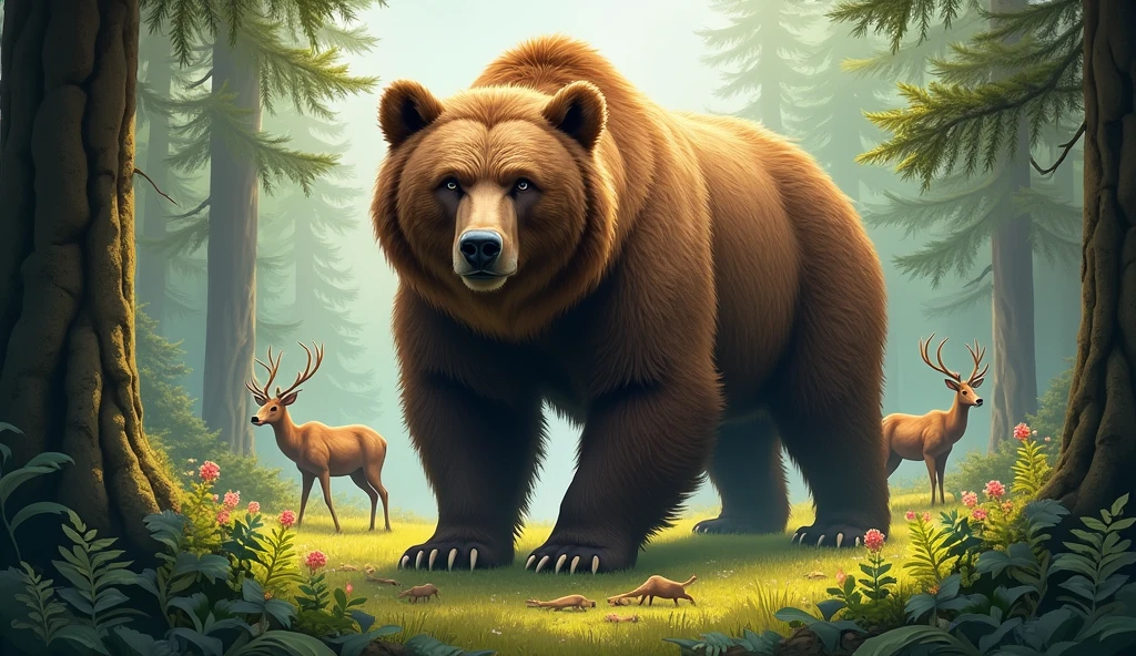 A large brown bear stands in the middle of a lush, sun-dappled forest. The bear's fur is thick and shaggy, and its eyes are dark and intense. The forest is filled with tall trees, ferns, and other plants. The air is filled with the sounds of birds singing and leaves rustling in the breeze. In the background, a small group of deer graze peacefully. The scene is one of tranquility and peace, but there is also a sense of wildness and danger. The bear is a powerful predator, and its presence in the forest is a reminder that nature is both beautiful and fierce.