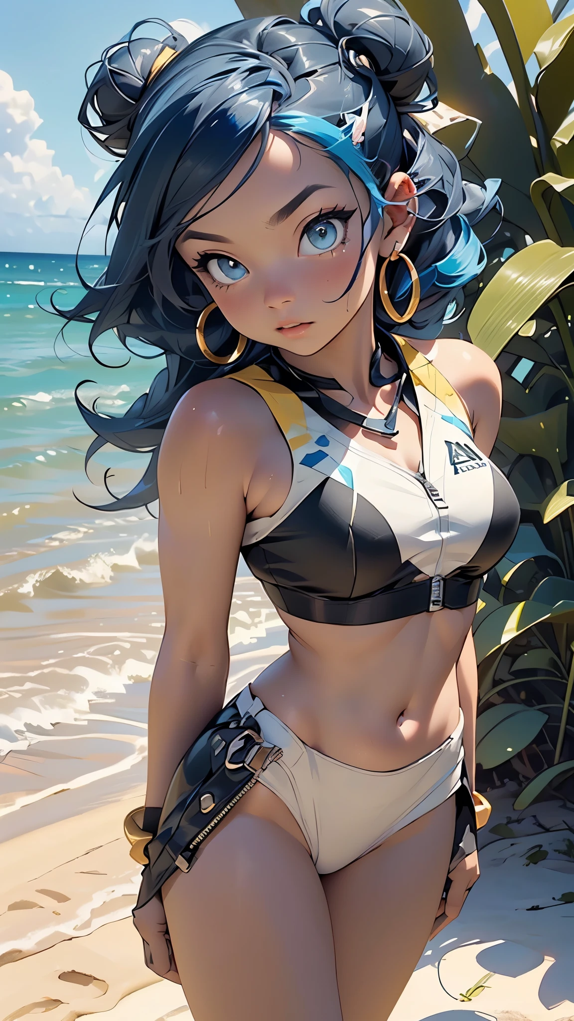 (((Nessa))),(Nessa pokemon),(nessa \(pokemon\)),character_pokemon_nessa,1girl,

(large breasts:1.4),((((single hair bun, (multicolored hair,two-tone hair,blue hair, black hair),very long hair)))),(((blue_eyes:1.3))),intricate eyes,beautiful detailed eyes,symmetrical eyes,big eyes:1.5,((((dark skin,dark-skinned female,black woman, (dark skin woman),lustrous skin:1.5,tanned skin,bright skin: 1.5,skin tanned,shiny skin,very shiny skin,shiny body,Reflective skin)))),(spider lower abdomen,narrow waist,slim waist, wide hip,athletic body,inflated legs,thick thighs,delicate detailed fingers,(detailed face)),beautiful detailed lips, 

cute,slutty,sensual,seductive look,seductive,((erotic)),opulent,sumptuous,((nsfw)),wet, , 

((bath bikini,crop top, bare shoulders,tankini, blue neoprene tankini with white and yellow details,tankini with wave design on the chest and a zipper on the front)), (jewelry,necklace, earrings, hoop earrings,belly chain),(navel),(fingerless gloves),

(shy pose:1.3),looking at viewer,embarrassed,shy,centered,scale to fit dimensions,Rule of thirds,

outdoors, ocean, (ocean in the background),((Sky, Sea, clouds,)), with dark stormy clouds,((beach scenery,intricate scenery)), scenery, extremely scenery, clouds, palm trees, reeds, (sunset, golden hour),

(Glossy pokemon ornaments),highres,sharp focus,(ultra detailed,extremely detailed),(photorealistic artwork:1.37),(extremely detailed CG unity 8k wallpaper),(((vibrant colors,vibrant theme))),(intricate),(masterpiece),(best quality),artistic photography,(photography taken by sldr),(intricate background),perfect rendered face,perfect face details,realistic face,photo realistic,((intricate detail)),(((realism))),
