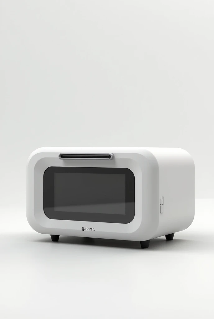 

On a White background put 

A compact and sophisticated design portable microwave. With dimensions of 27 cm wide, 18 cm deep and 15 cm high.

This microwave does NOT have a door handle. Non-slip rubber feet on the base.

It has a DIGITAL SCANNER.

With a small tempered glass display, allows the user to see the content without having to open the device.

