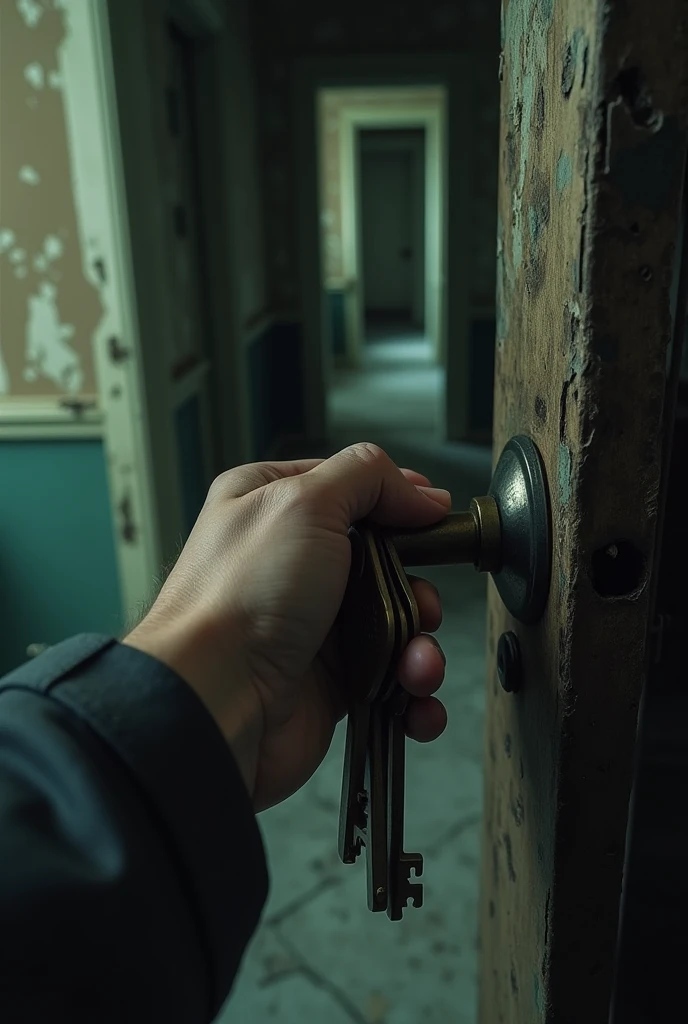 abandoned mansion, first person perspective,  only an arm appears opening a door using keys