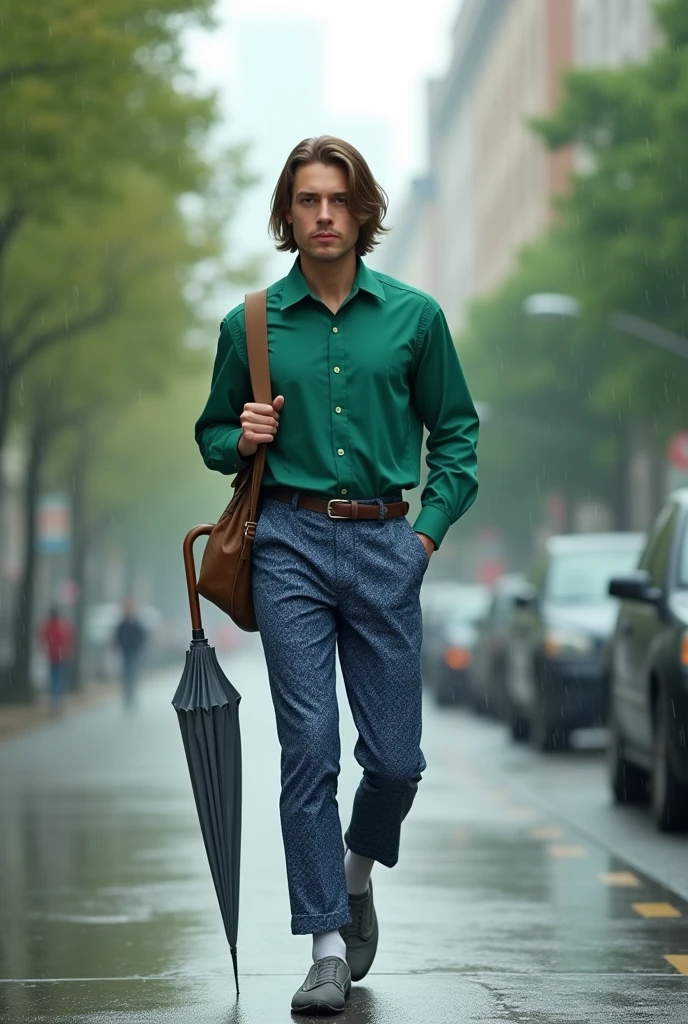 a male teacher with straight hair going to school, with a green blouse, blue and white, black pants, and gray shoes, gray sock, Caucasian skin, and umbrella