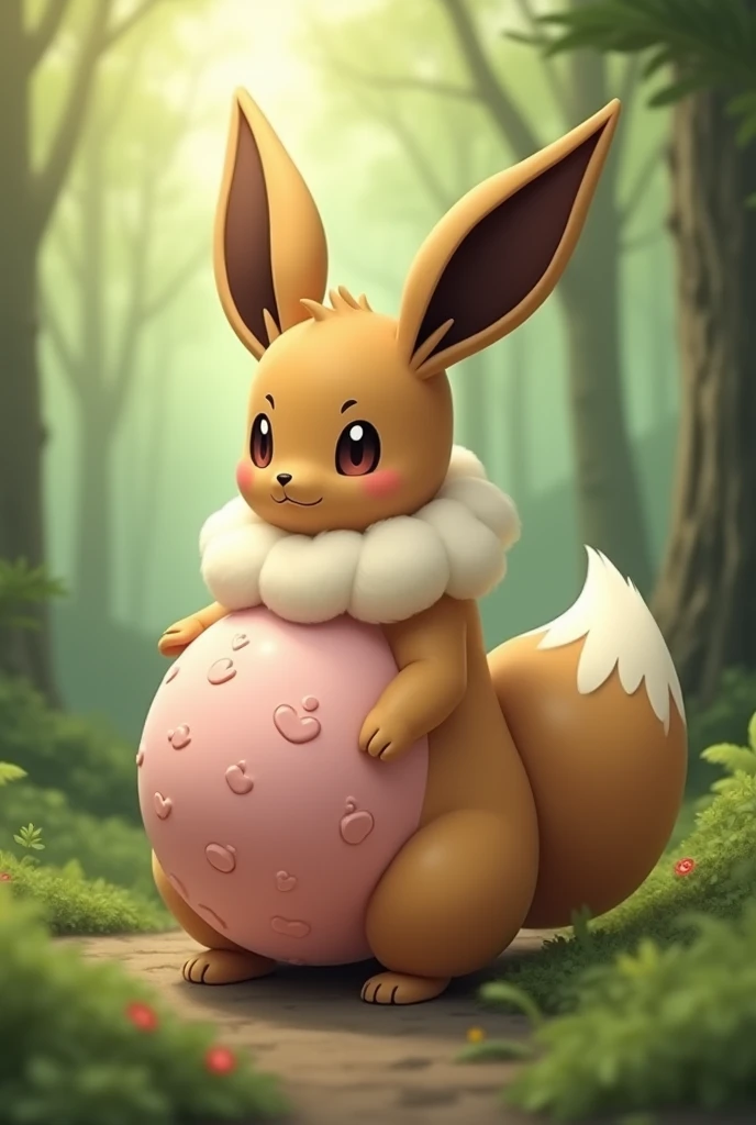 An anthropomorphic pregnant eevee with a huge round belly where the babies kick very visibly, that the belly is the size of a beach ball 