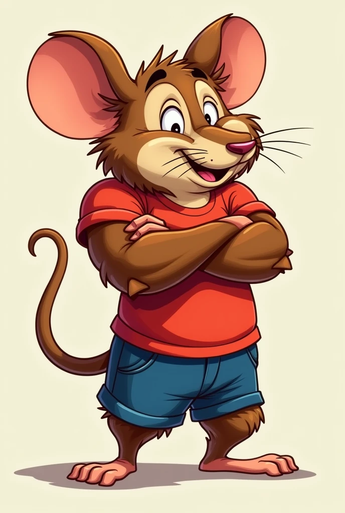 Create a mouse in the style of the mouse called Gigio top and arms crossed half to the side with a red outfit and blue shorts and brown fur pumped in 2d
